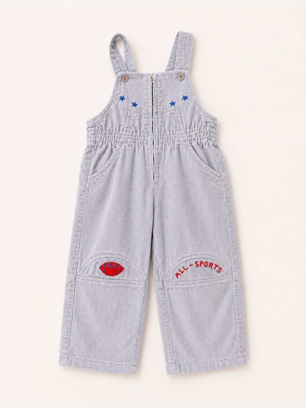 Kids Light Gray Corduroy Overalls with Red Sports Accents